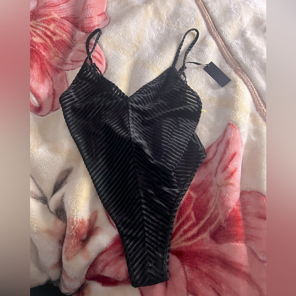 Youmita Small velour stripe spaghetti strap body suit